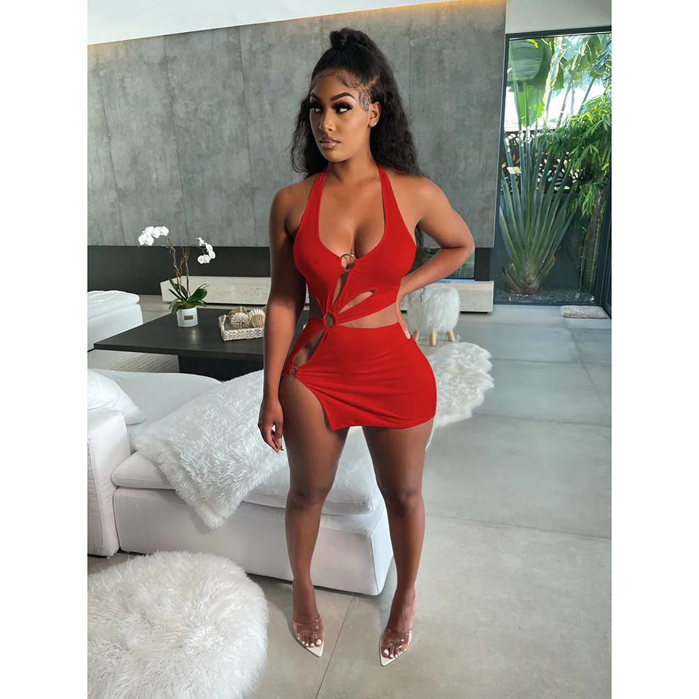 European and American women's Y2K milk silk solid color short skirt sexy sleeveless hollow out dress