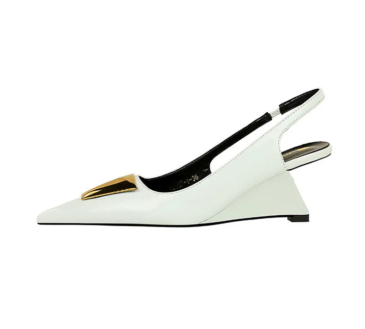 Patent Leather High Heels Wedges Shoes Lady Trendy Pumps Pointed Toe Hollow Back Strap 6.5 Cm Women Sandals White Heels Shoes