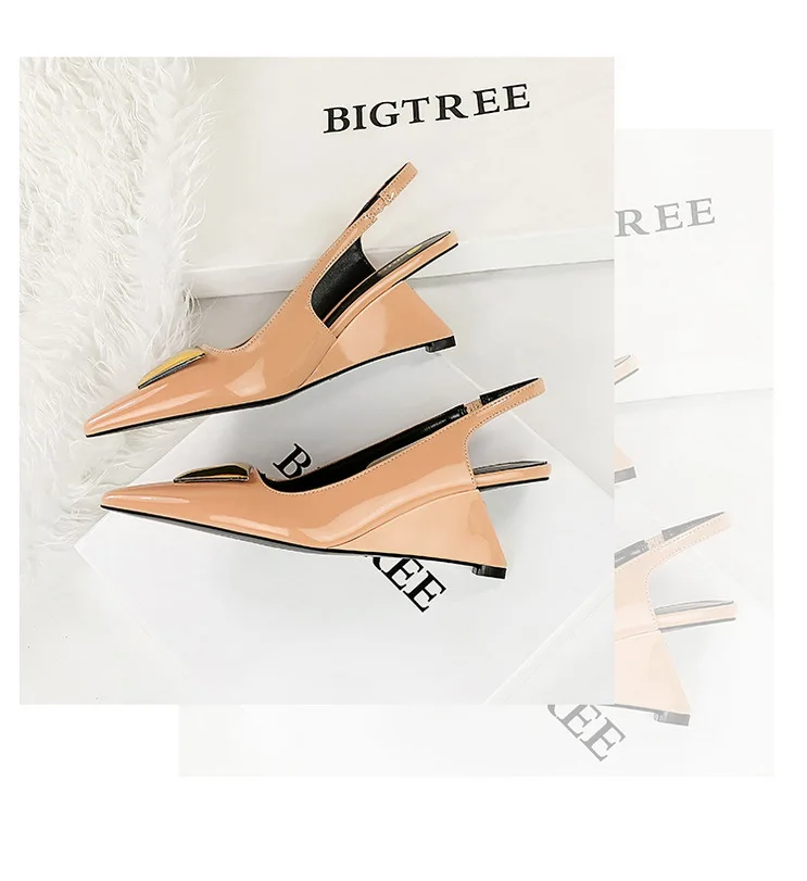 Patent Leather High Heels Wedges Shoes Lady Trendy Pumps Pointed Toe Hollow Back Strap 6.5 Cm Women Sandals White Heels Shoes