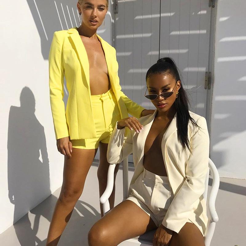 Top Shorts Suit with belt Sexy Women Casual Polo Collar Cardigan