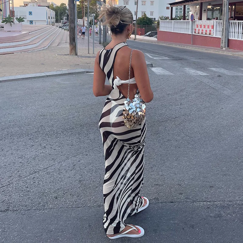 Bodycon Long Dresses For Women Beach Style Backless Vestidos De Mujer Hollow Out Sexy Robe Femme _t�� Y2k Clothes Zebra Print