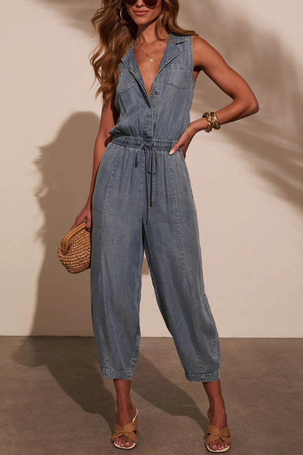 Stylish Collared Sleeveless Elastic Waist Tie Casual Pocket Denim Jumpsuit