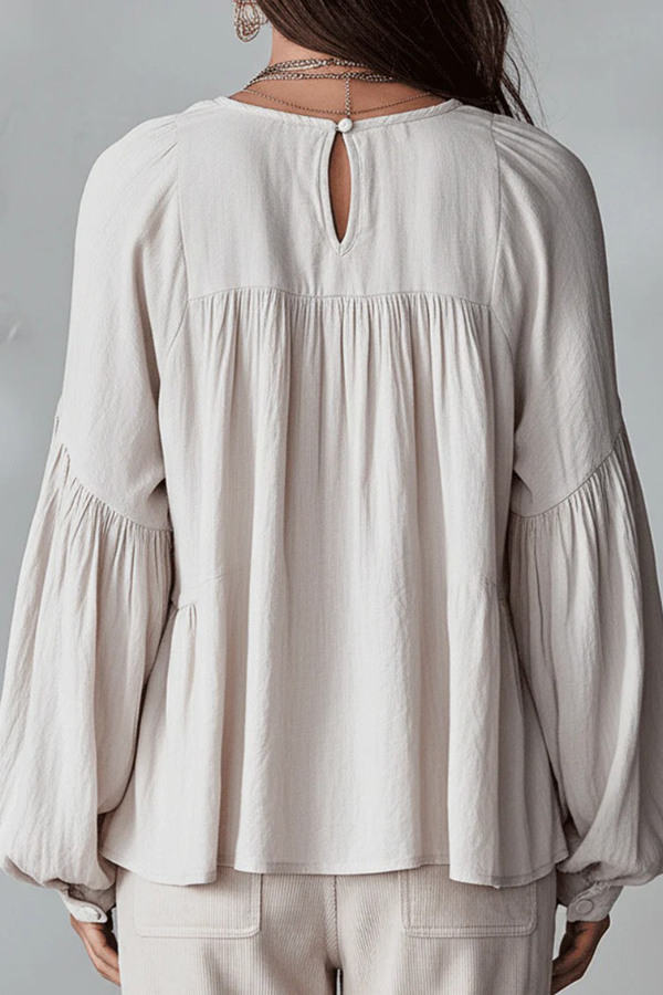 Solid Color V-neck Ruffled Puff Sleeve Loose Casual Top