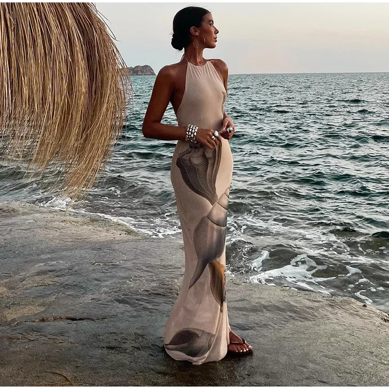 Print Backless Tulle Long Dresses For Women Halter Lace Up Sleeveless Holiday Dresses 2025 Fashion Slim Beach Vacation Robes