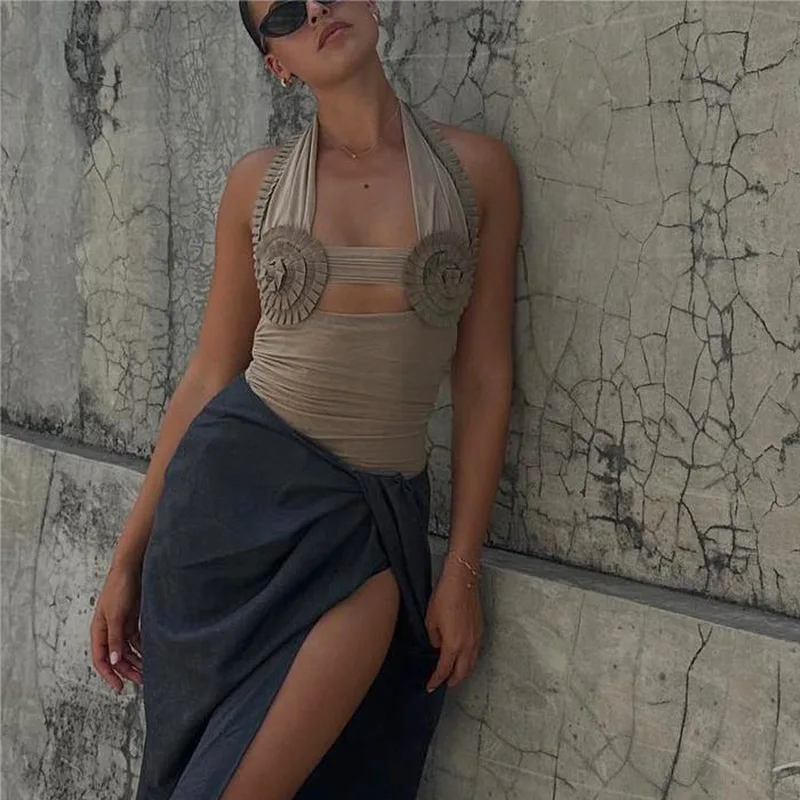 Folds Sunflower Tank Top Women Mesh Bodycon Sleeveless Slim Crop Tops Ladies Club Party Sexy Backless Bandage Vest Woman