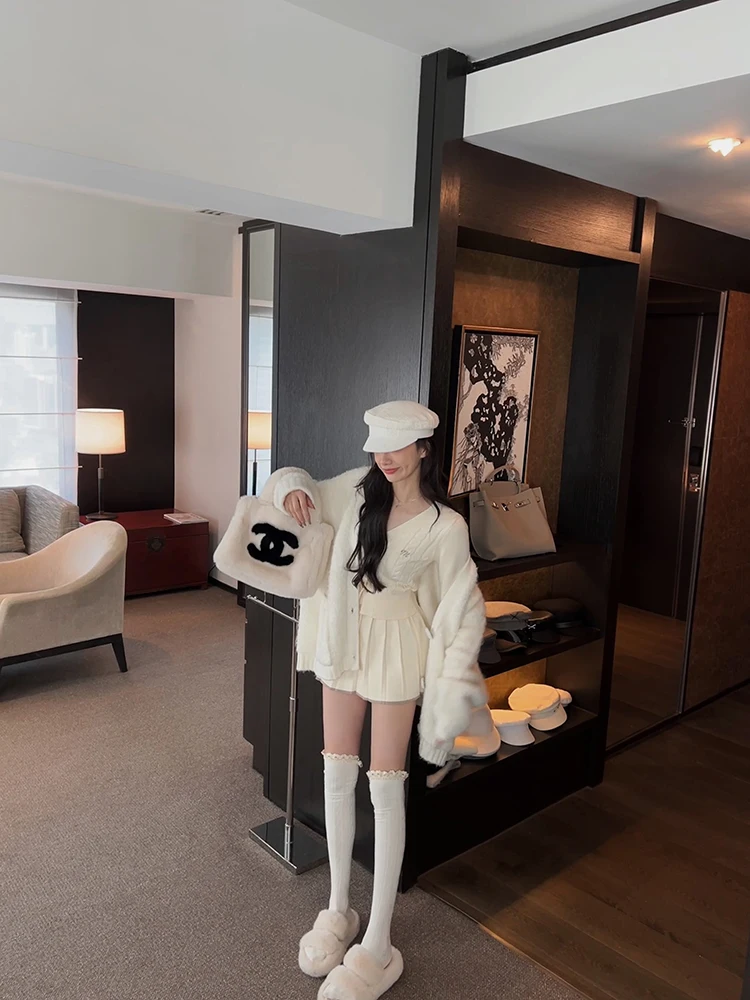 Autumn Knitted Two Piece Skirt Set Women Long Sleeve Single Breasted V-neck Top Mini Pleated Skirt Korean Chic Female Outfit New