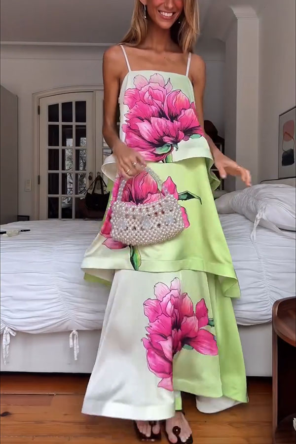 Elisia Satin Color Block Flower Print Tiered Slip Square Neck A-line Maxi Dress