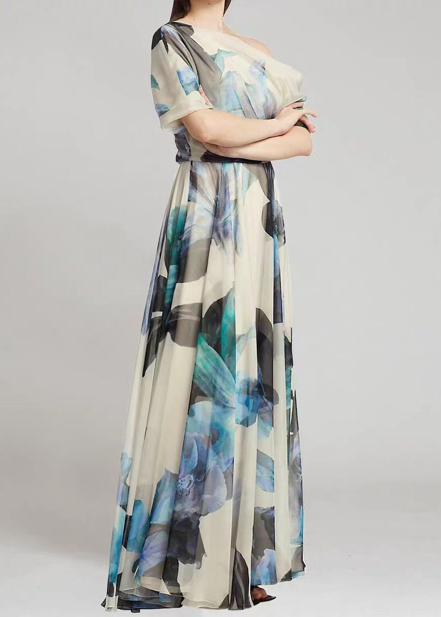 Ladies' French Sky Blue Asymmetric Printed Chiffon Long Skirt Summer