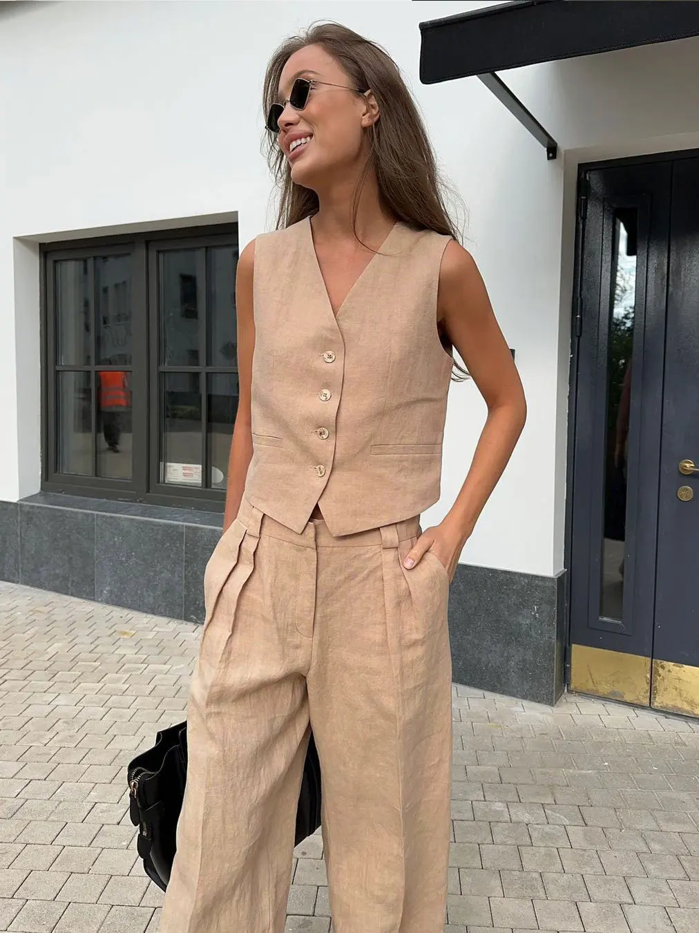 2 Piece-Set Fashion Women Wide Leg Trousers Patchwork High Waist Casual Straight Legg Outfits Vestidos Women's Pants Sets
