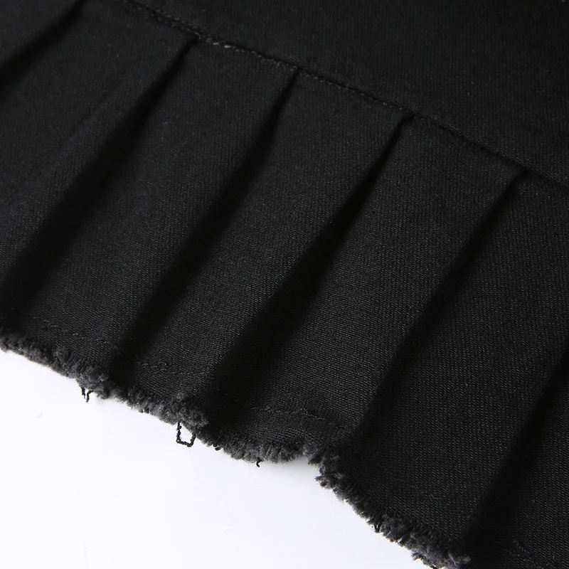 Punk Gothic Black Eyelet Ribbon Denim Skirt Women Low Waist Asymmetrical Tiered Pleated Short Jean Skirts Y2K