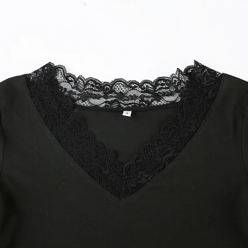 Black Lace Trim V-Neck T-Shirt Women Solid Slim Basic Long Sleeve Top Tees All-Match Autumn New