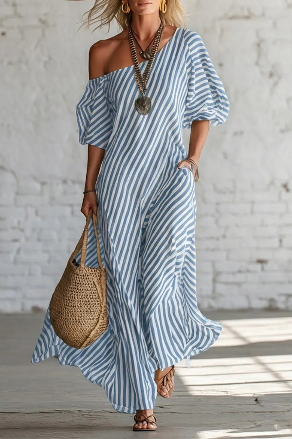 Fashionable Striped Print Slash Neck Puff Sleeve Casual Maxi Dress