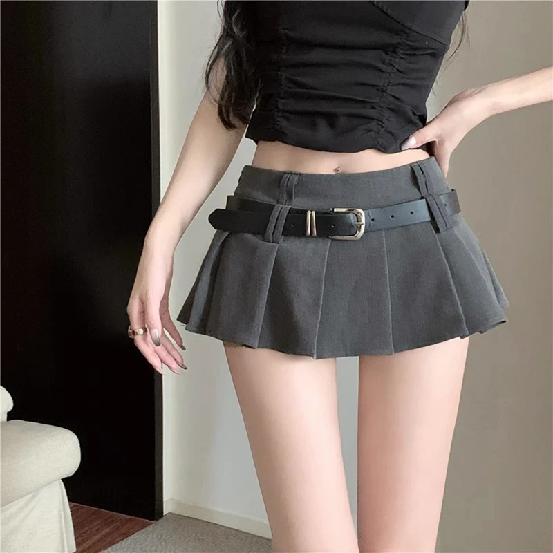 Pleated Mini Skirt Women y2k Preppy Style Solid Color High Waist A Line Skirt with Belt 2000s Party Skirts Streetwear