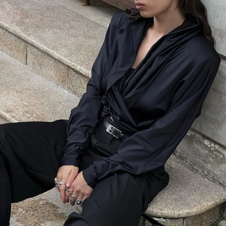Fashion Satin Hoodie Y2k Top For Women Long Sleeve Bandage Patchwork Solid Sexy Vintage Cropped Top Ladies Crop top Tee