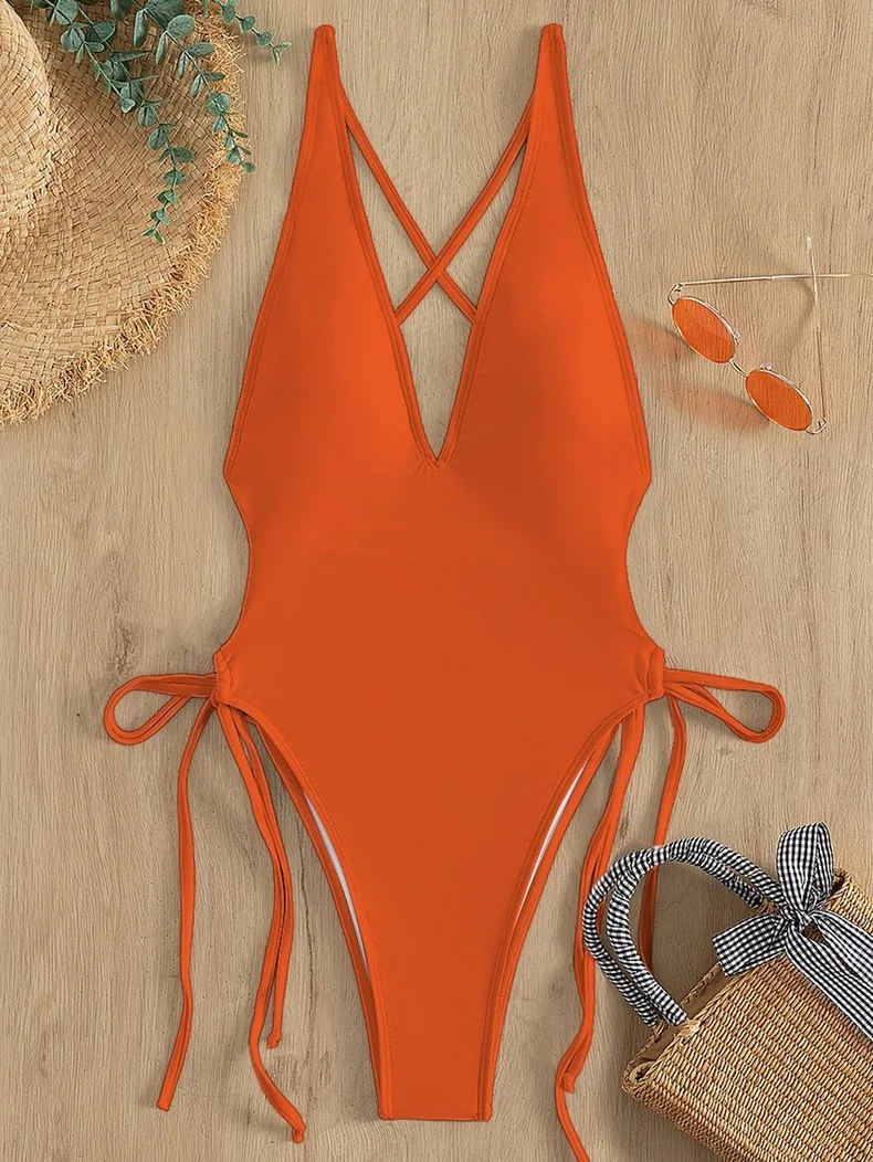 Solid V-neck One Piece Swimsuit for Women Sexy Cross Bandage Swimwear Backless Bathing Suit New Monokini