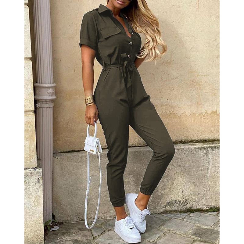 Women Clothing Trousers Casual Collared Button Printed Belt Cargo Overalls Plus size