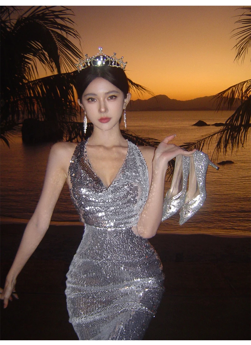 Sexy Bodycon Sequined Prom Robe V-neck Backless Sleeveless Evening Party Dress Wedding Slim Mermaid Long Dresses for Women New