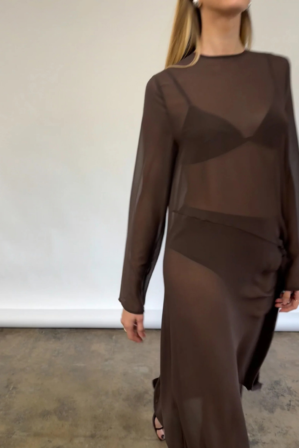 Fashionable Mesh See-through Round Neck Long Sleeve Tie Bow Slit Maxi Dress