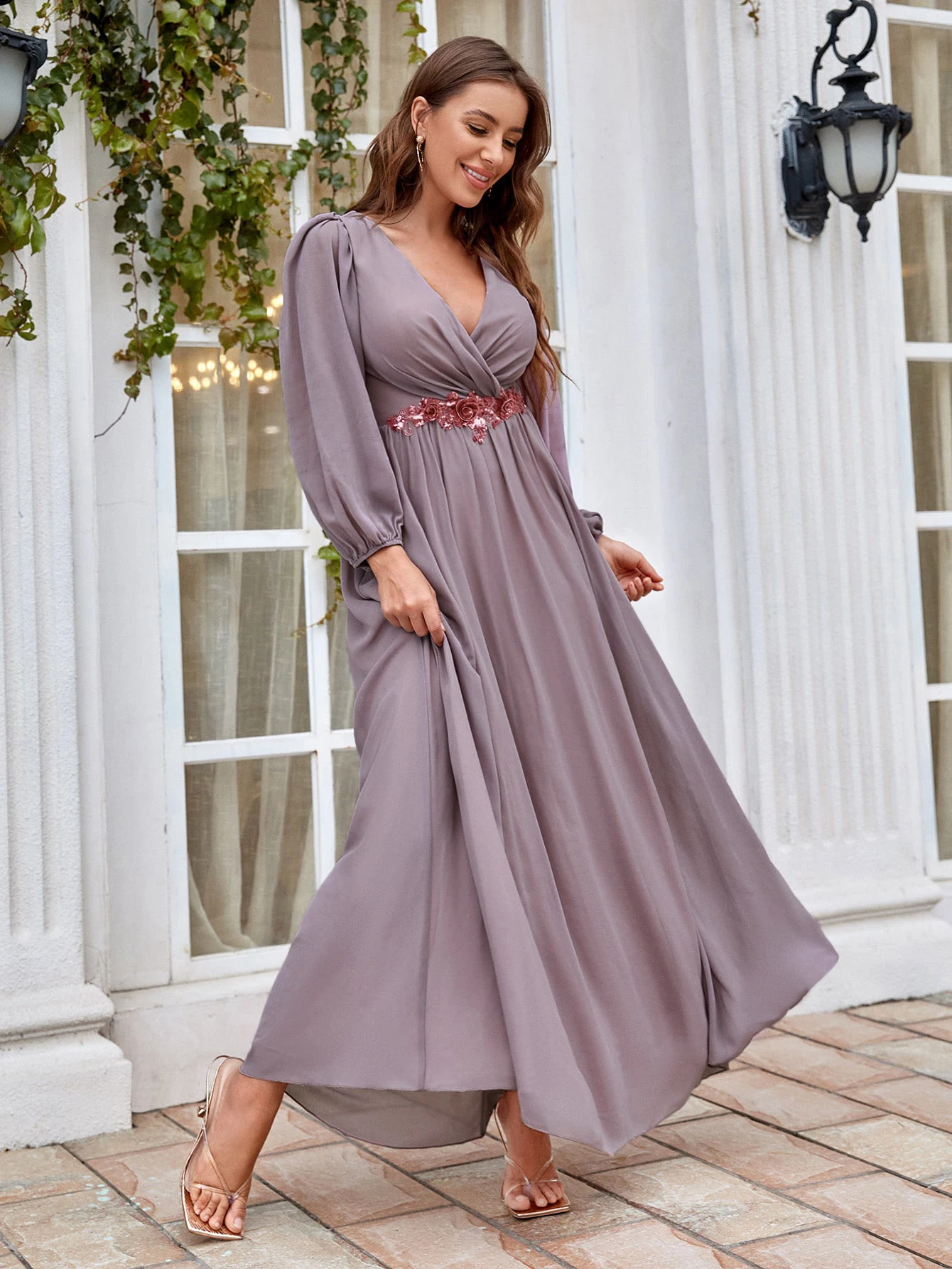 V-neck long sleeve beaded print extra long chiffon Dress Evening gown Ball dress Party dress Bridesmaid dress