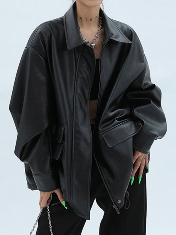 Vintage Lapel Neck Zip Up Motorcycle Leather Jacket