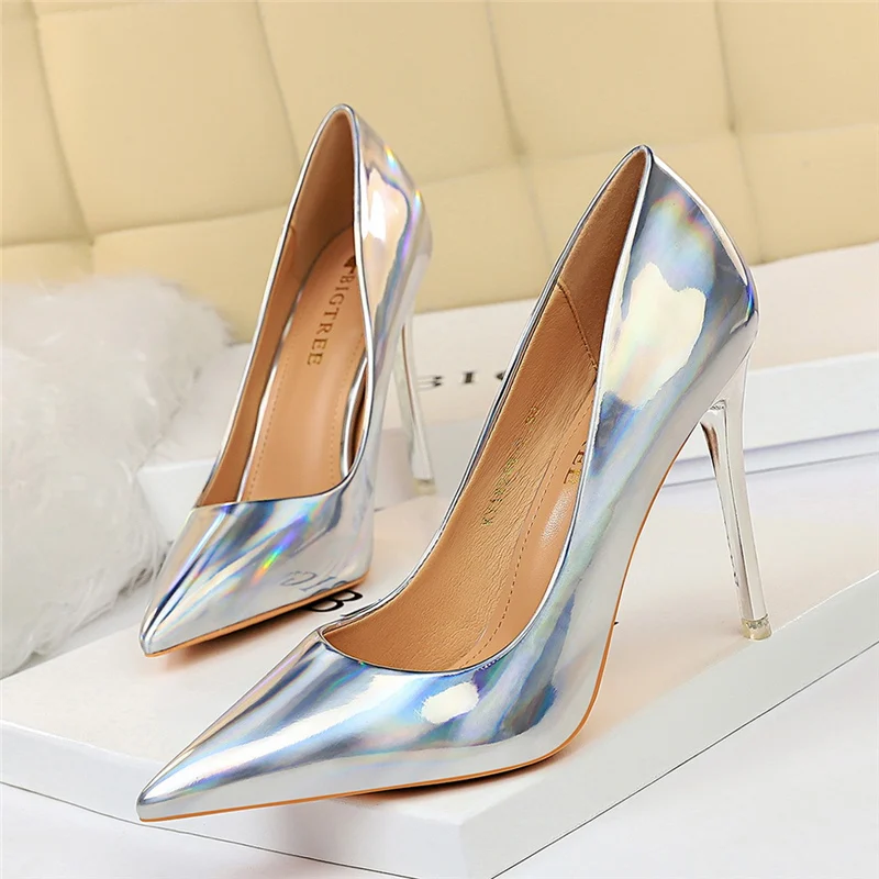 Women 10.5cm High Heels Blue Green Valentine Pumps Luxury Glossy Stripper Stiletto Wedding Bridal Fetish Shoes Plus Size 43