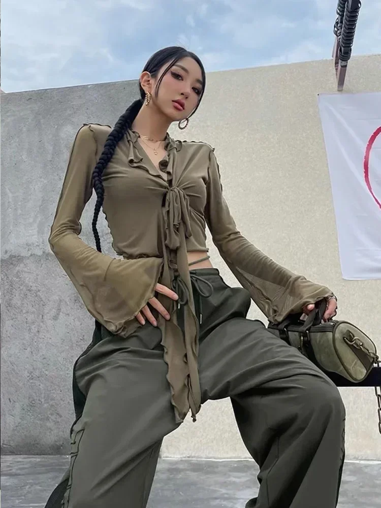 Streetwear Mesh T Shirt Women Fashion Slightly See Through Sexy Crop Tops American Style Beach Female Slim Bandage Tees