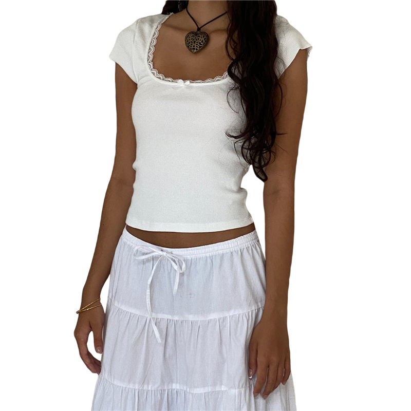 Baby Tees y2k Tank Top Women Casual Lace Trim Short Sleeve Square Neck T Shirt with Bow 2000s Clothing Streetwear