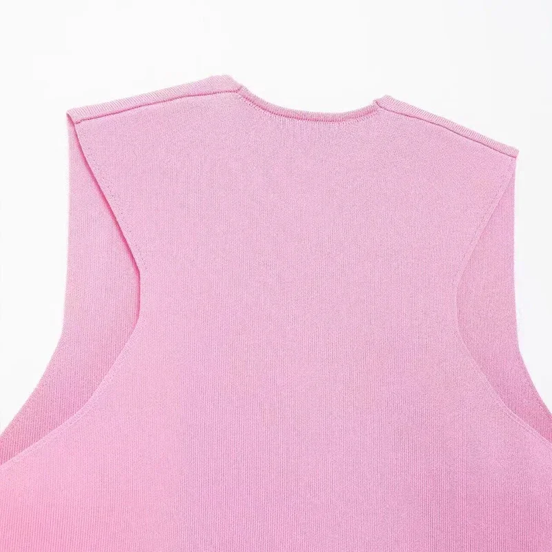 Elegant Knit Short Vest for Women V Neck Single Breasted Sleeveless Waistcoat Pink Top Female New Lady Classic Streetwear