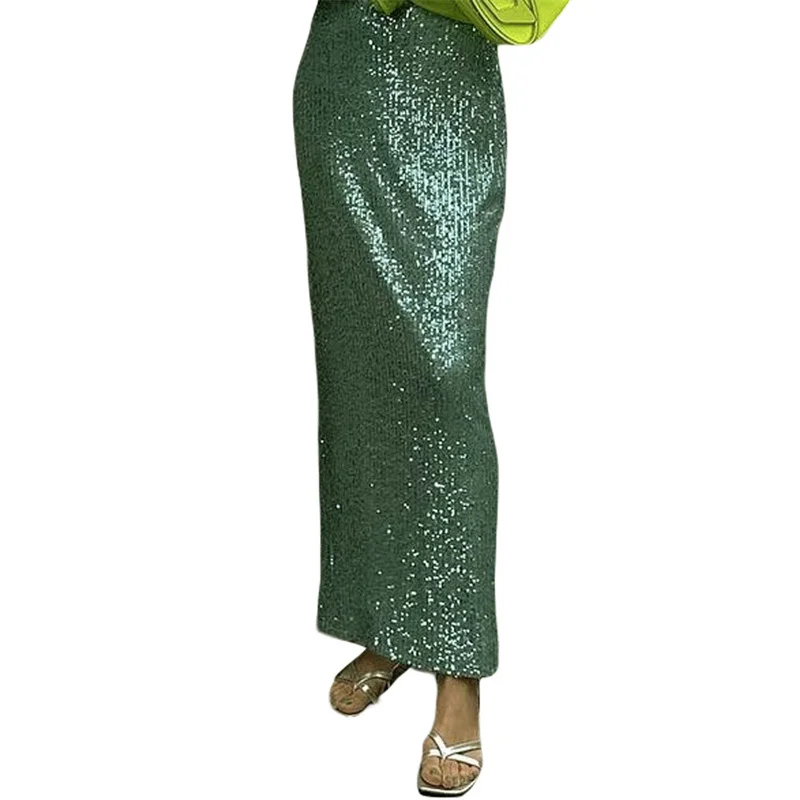 Sequin Long Skirts for Women Solid Color Elastic High Waist Skirt Fashion Elegant Ladies Evening Party Skirt Clubwear
