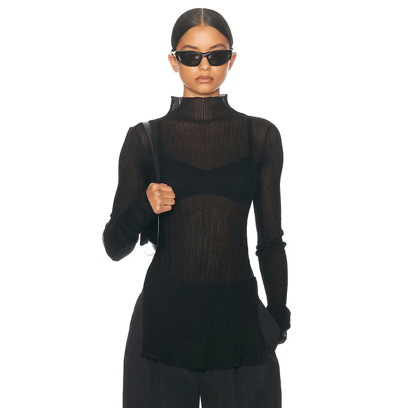 White Knitwear See-Through T-shirt Pullover Female Hollow Out Slim Loose Long Sleeve Casual Tee Women Patchwork Top Tee