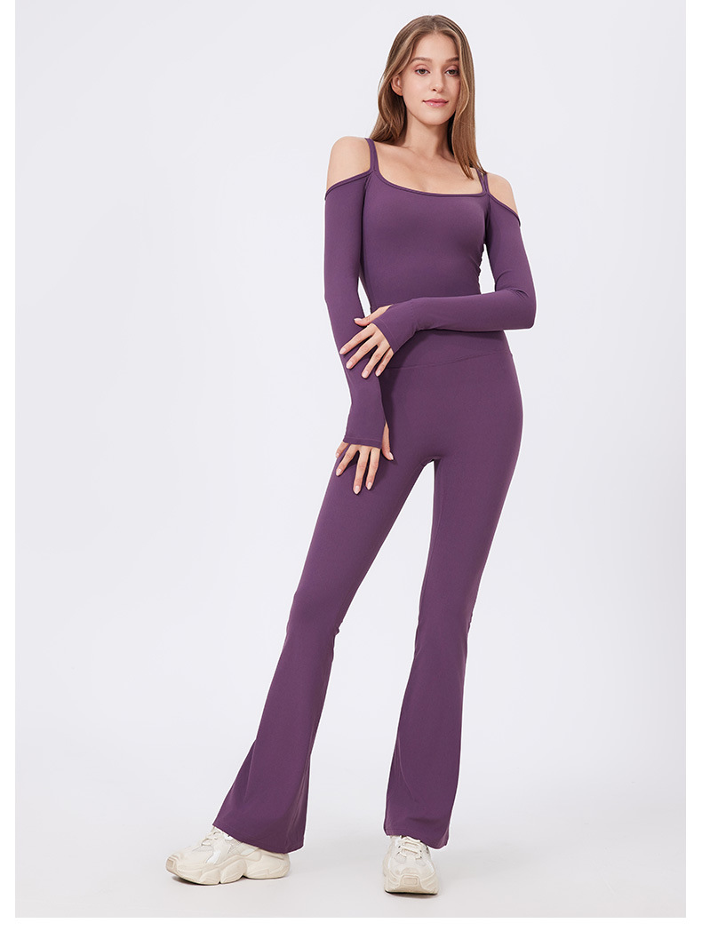 Autumn Winter Tight Nude Feel Yoga Clothes With Chest Pad Long Sleeve Off The Shoulder Sports Fitness Running One Piece Bell Bottom Pants