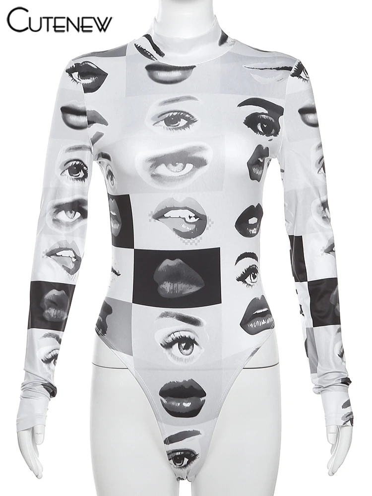 Women's Patchwork Turtleneck Printed Long Sleeve Bodysuit New Fashion Solid Tops Club Partywear Autumn Streetwear