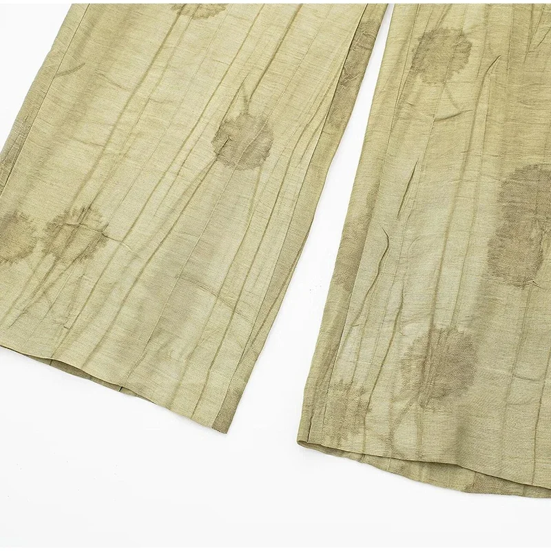 New Linen Tie-dye Print Long Pants Sets For Women Lapel Half Sleeve Single Breasted Shirts Drawstring Wide Leg Pant 2 Pieces Set