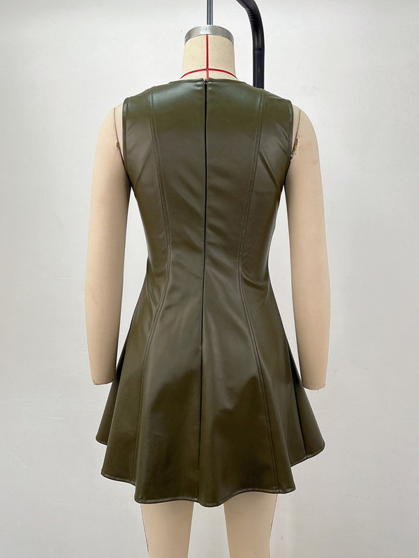 Sleeveless Olive Faux Leather Paneled Pleated Fit And Flare Mini Dress For Women 2026