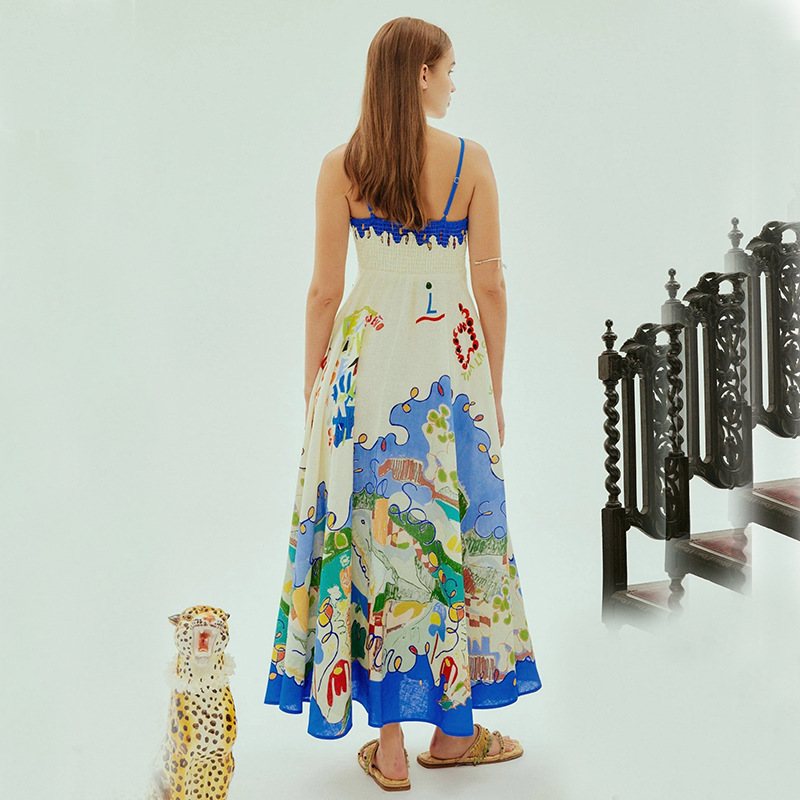 Sexy Sling Graffiti Cotton Linen Printed Large Swing Dress Women