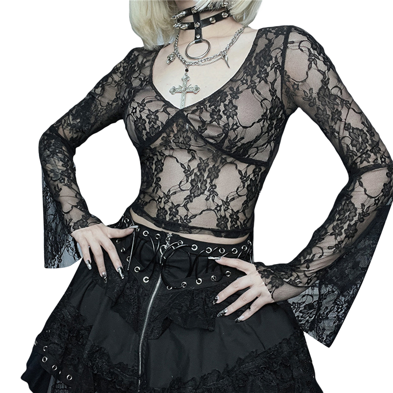 Cyber y2k Tops Women Aesthetic See Through Floral Lace Flared Long Sleeve T Shirt 2000s Goth Grunge Clothing Streetwear