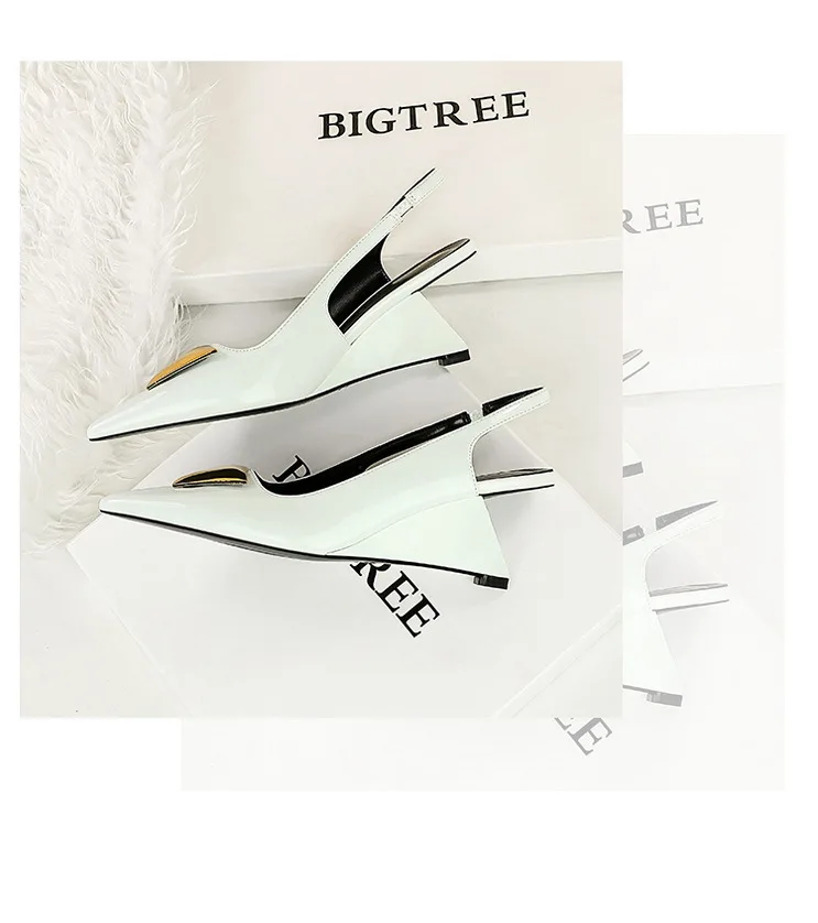 Patent Leather High Heels Wedges Shoes Lady Trendy Pumps Pointed Toe Hollow Back Strap 6.5 Cm Women Sandals White Heels Shoes