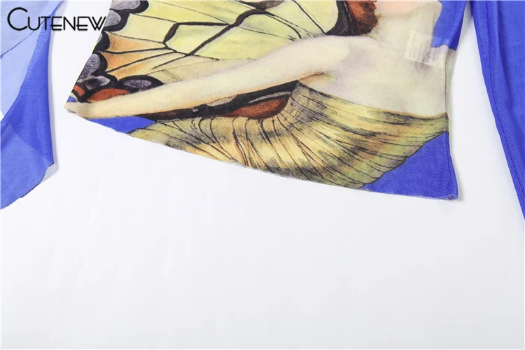 Mesh Women Tops Butterfly Printed Fashion Incline Shoulder Ribbons Sheer Thin Fitness T-shirts Female Summer Street Tees