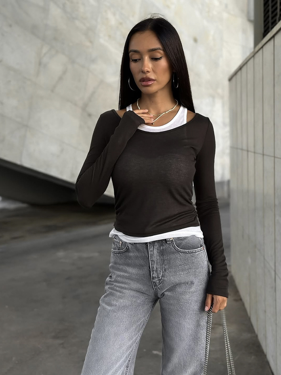 Retro Contrast Colors False Two Piece Long Sleeved T shirt for Women Spring Autumn Slimming Modal Bandage Dress Bottoming Top