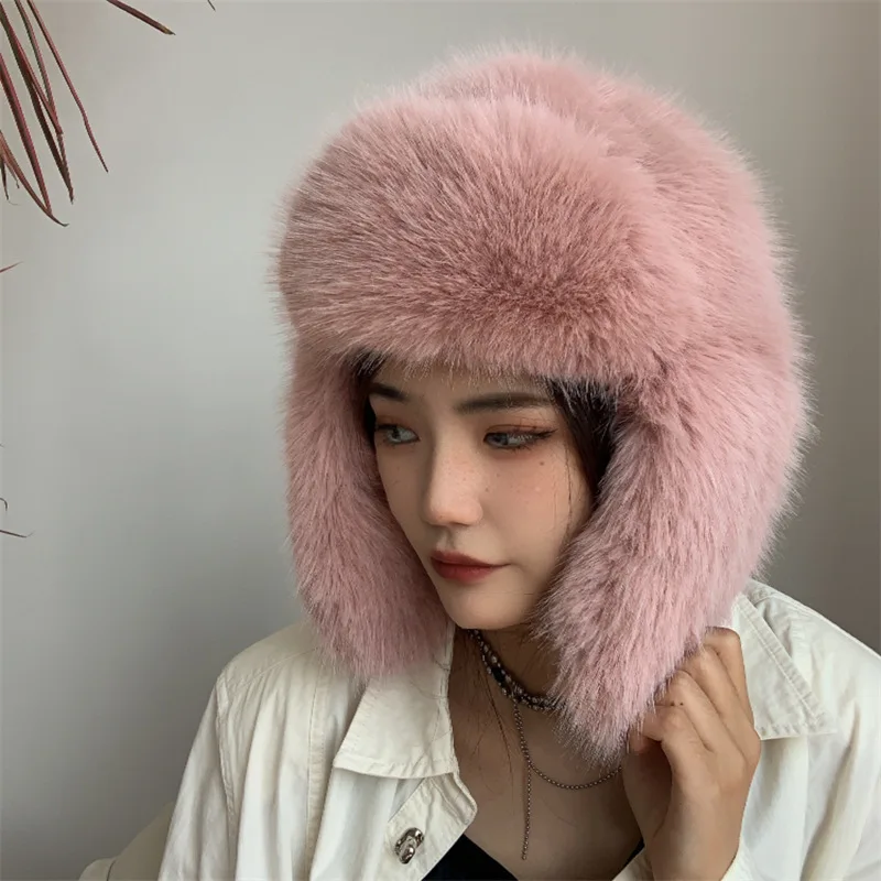 Winter Women Fluffy Furry Faux Fox Fur Bomber Hats Flaps Luxury Vintage Y2k Girls Warm Earflap Snow Ski Hat Caps Russian