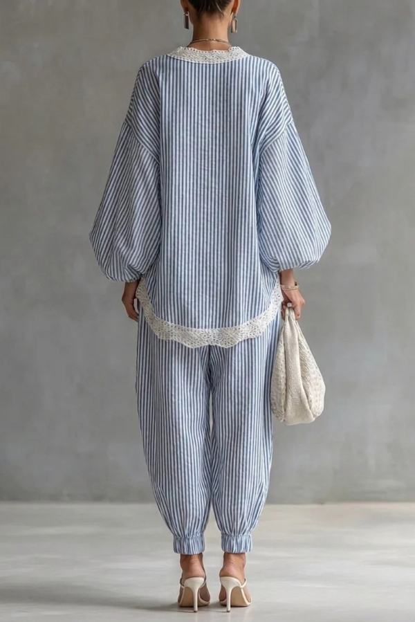 Striped Printed V-neck Lantern Sleeve Lace-trimmed Loose Top and Elastic Waist Casual Wide-leg Pants Set