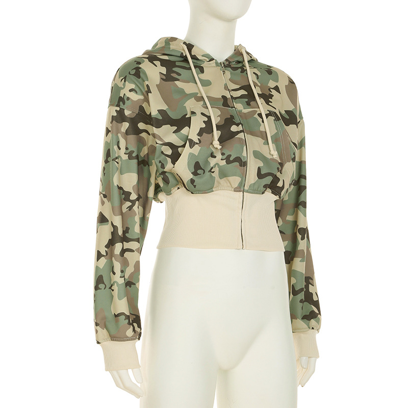 Casual Contrast Color Cinched Hoodie Long Sleeve Sweatshirt Sweatpants Two Piece Camouflage Cardigan Coat Trousers Sets