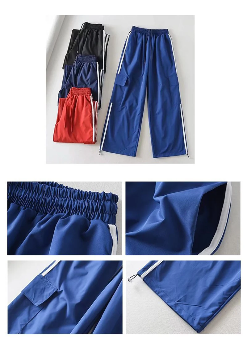 Striped Sweatpants Women Hip Hop Streetwear Baggy Wide Leg Cargo Pants Bf Y2K High Waist Drawstring Joggers Trousers