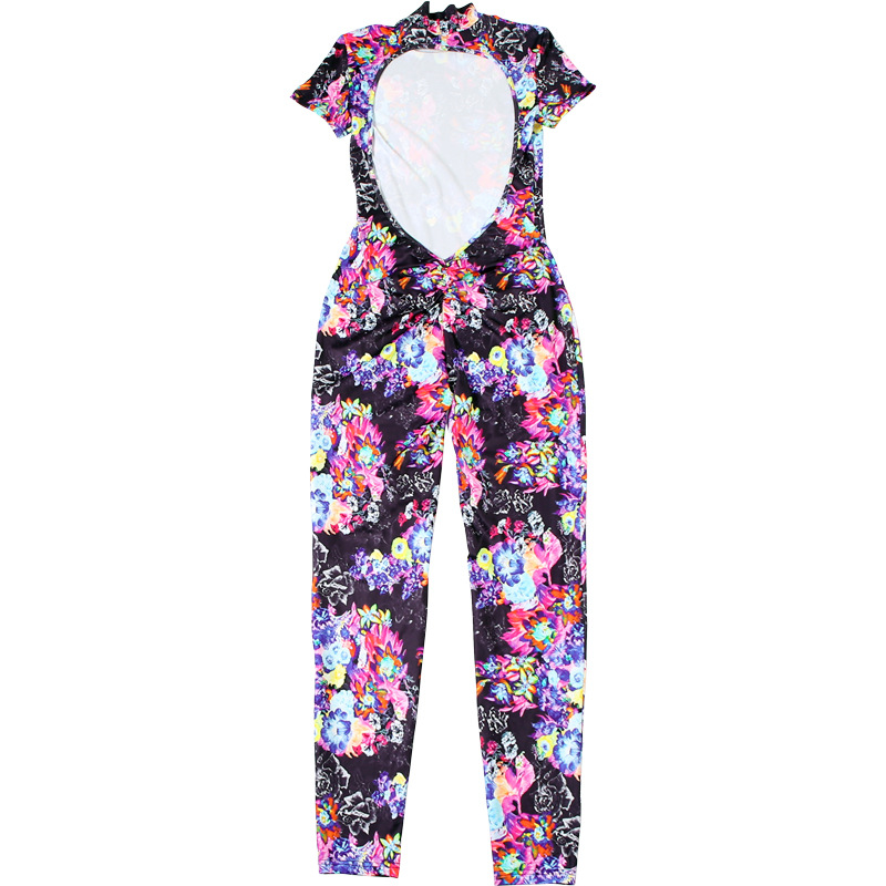Spring Sexy Backless Skinny Personalized Printed Short Sleeved Jumpsuit Women Clothing