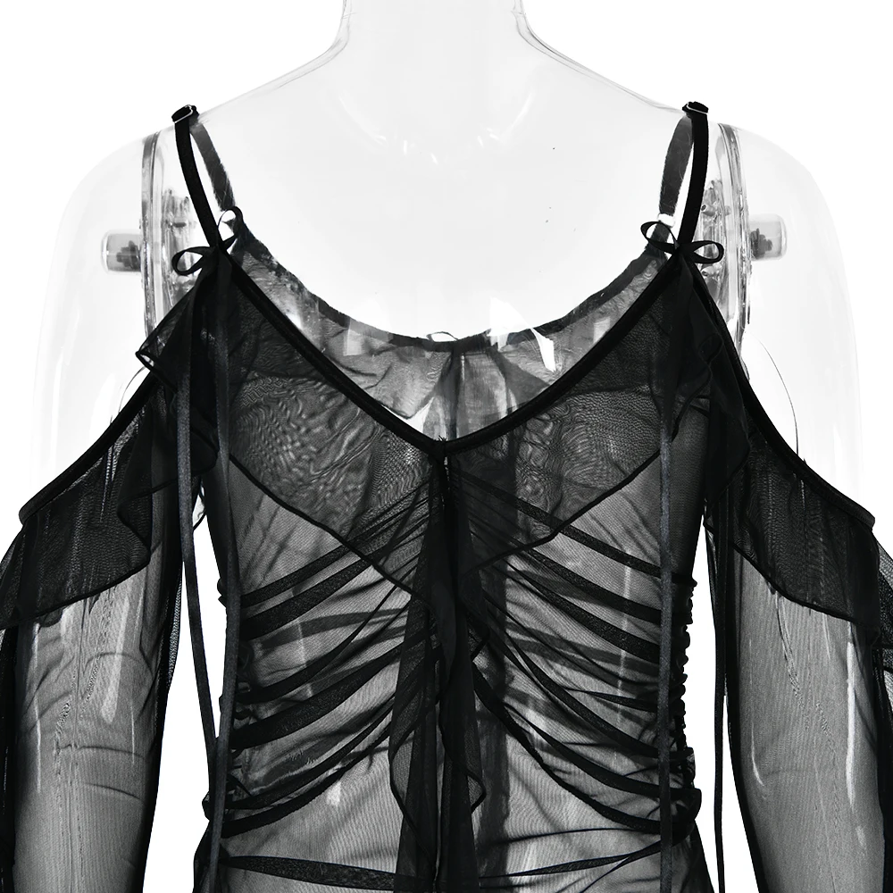 JULISSA MO Sexy See Through Mesh Women Dress Black Long Sleeve Spaghetti Strap Dress Female Summer Skinny Elegant Beachwear 2025