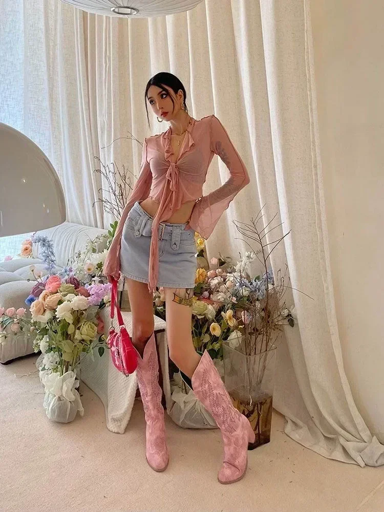 Streetwear Mesh T Shirt Women Fashion Slightly See Through Sexy Crop Tops American Style Beach Female Slim Bandage Tees