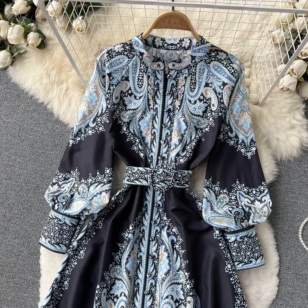 New Women Vintage Party Dress Fashion Long Sleeve Single Breasted Stand Collar Elegant Printed Long Dresses Spring Autumn Robe