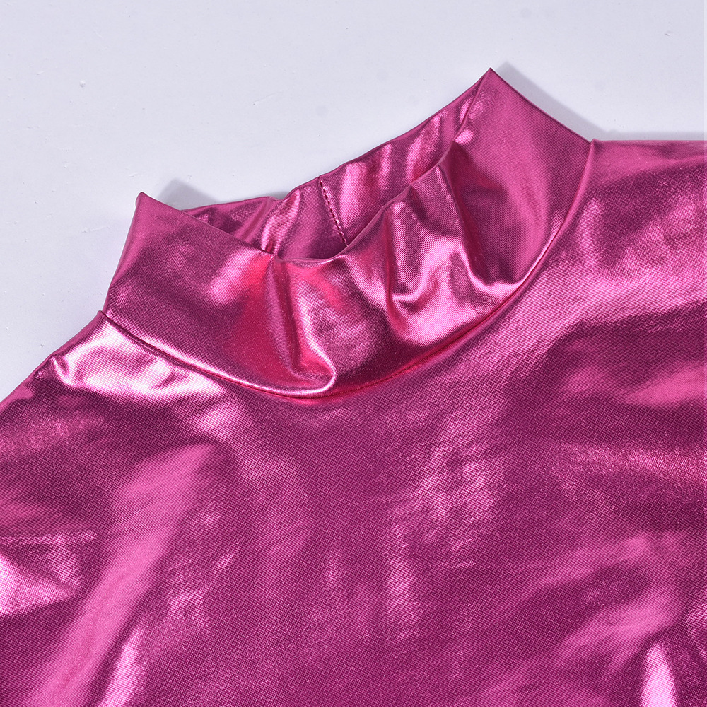 Metallic Coated Fabric Women Clothing Glossy Sexy Bare Cropped Slim Fit Hip Skirt Set