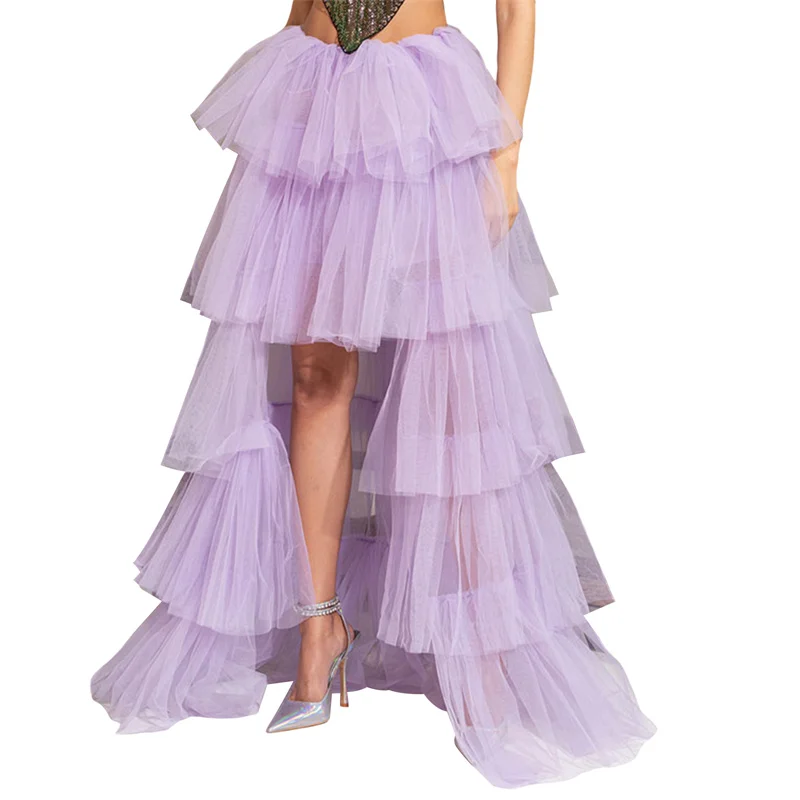 Tulle Skirts Women y2k Solid Color Elastic High Waist Asymmetrical Hem Long Skirts Summer Evening Party Skirt Clubwear