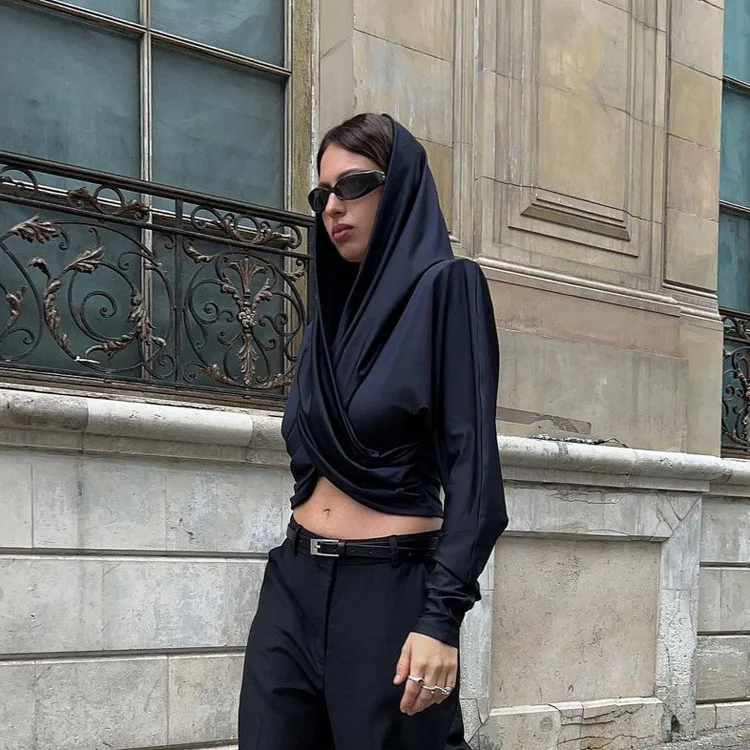 Fashion Satin Hoodie Y2k Top For Women Long Sleeve Bandage Patchwork Solid Sexy Vintage Cropped Top Ladies Crop top Tee